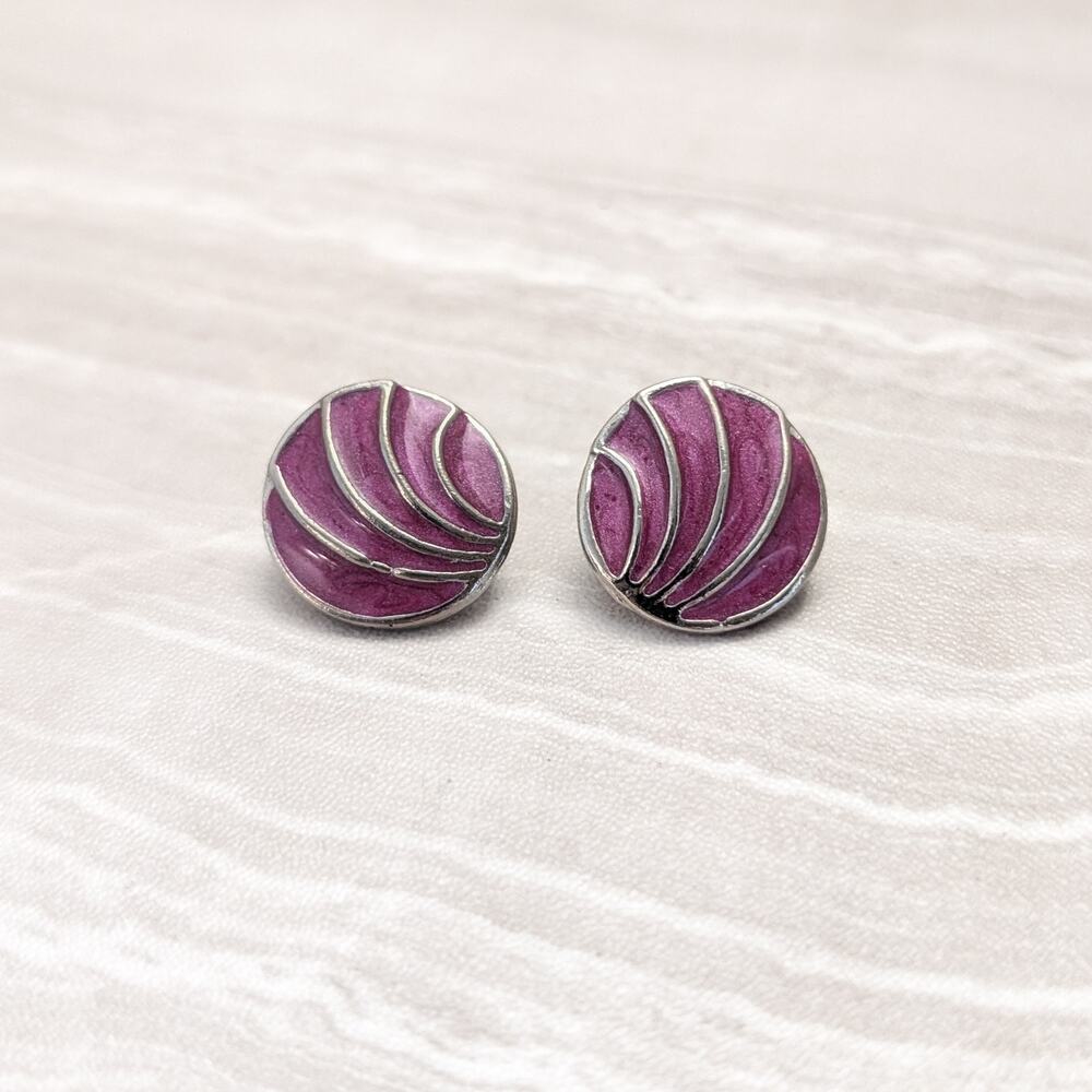 Vintage Stud Earrings Retro Dark Pink? Dark Fuchsia? & Silver Tone